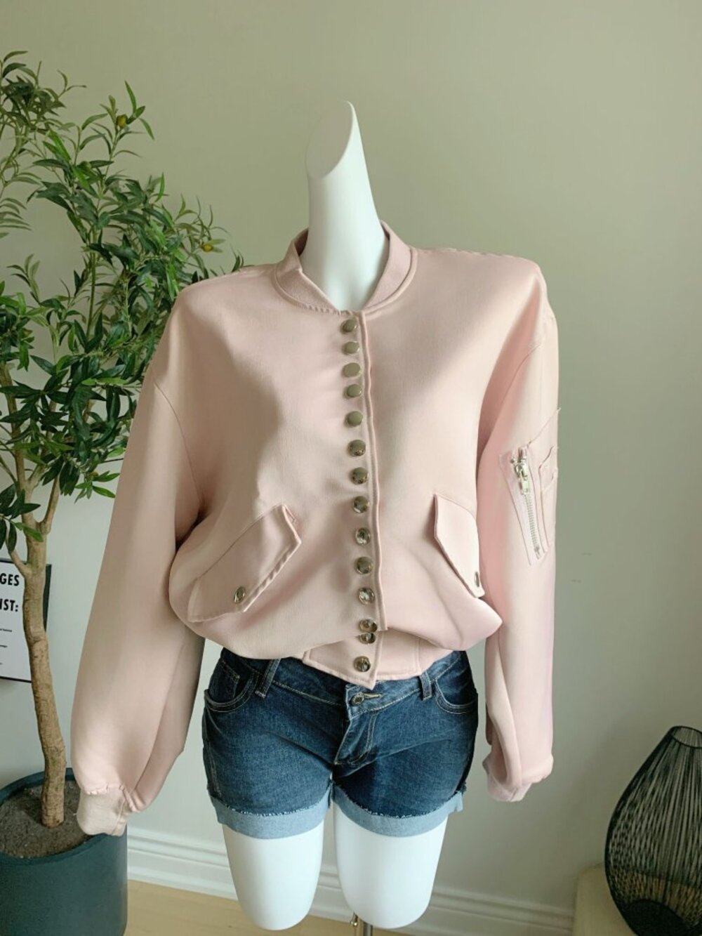 Dusty Pink Satin Bomber Jacket Oversized M